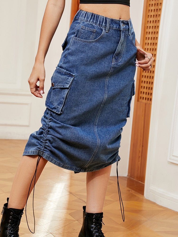 Drawstring Denim Pocket Skirt