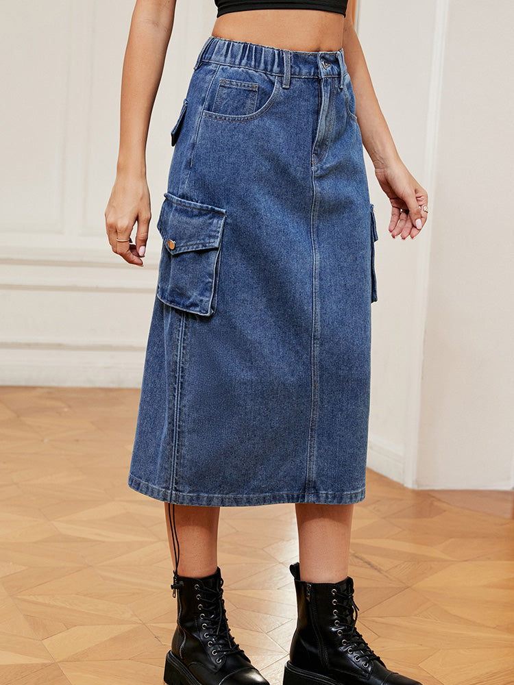 Drawstring Denim Pocket Skirt