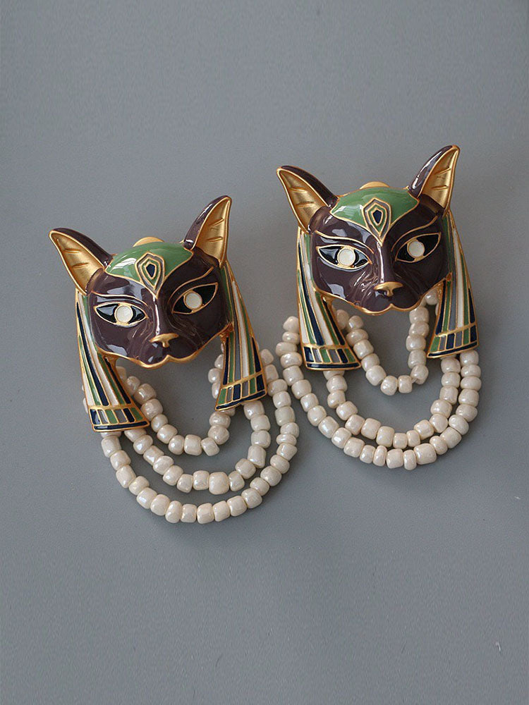 Vintage Unique Dripping Glaze Egyptian Cat Earrings